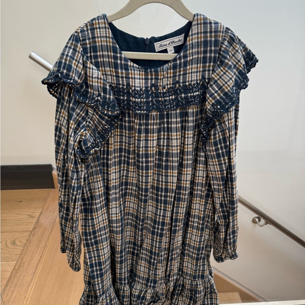 Tartine et Chocolat Blue and Tan Plaid Dress kids size 12